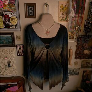 Vintage Ombre Bell Sleeve Blouse Women's Large Blue Brown Earth Tone Y2K